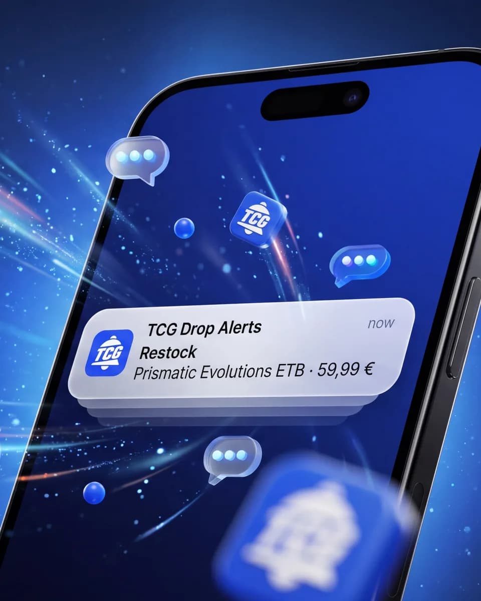 Móvil inclinado con una notificación de TCG Drop Alerts: restock de Prismatic Evolutions ETB a 59,99 €, rodeado de iconos 3D de la app con una campana y estelas de luz azul.